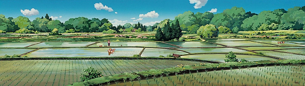 Screen capture from Hayao Miyazaki animation of Japanese countryside