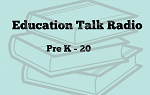 The logo for Education Talk Radio podcast. A outline sketch of books on a light blue background with the words Education Talk Radio Pre-K - 20 overlaid. 