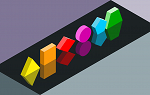 Rainbow colored three-dimensional shapes on a gray background. 