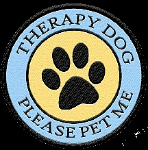 Logo reading THERAPY DOG PLEASE PET ME with image of paw print