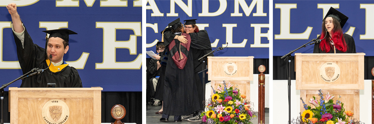 At left, Eric Ellman raises a fist in the air at the podium. Center, Alex Kiratsous received a hug from his father, trustee Stephen Kiratsous while receiving his degree. At right, Gabby Killin makes remarks from the podium.