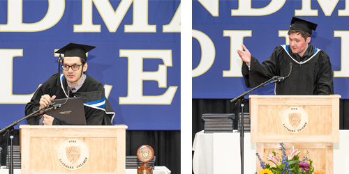Photos of James Mangan and Jack Ward wearing graduation regalia while standing at podium addressing audience